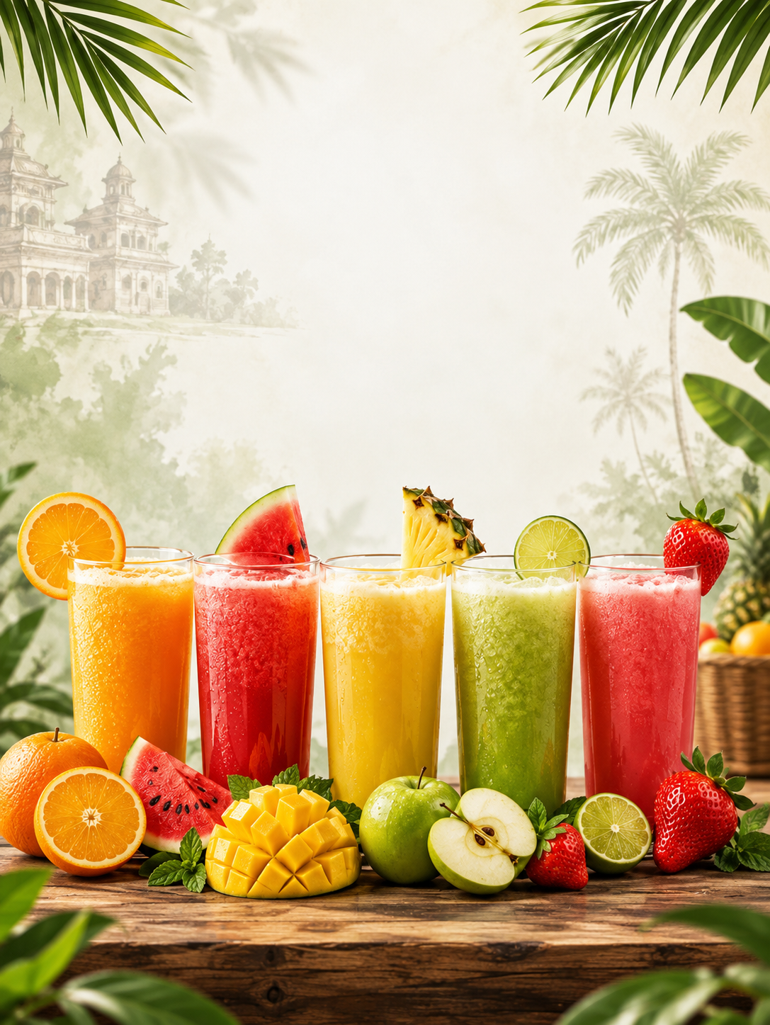 A line-up of freshly pressed fruit juices