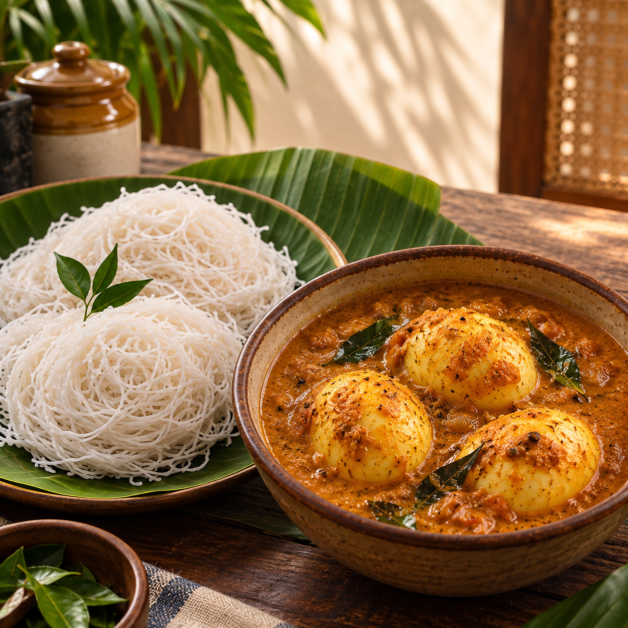 Idiyappam string hoppers served with egg curry
