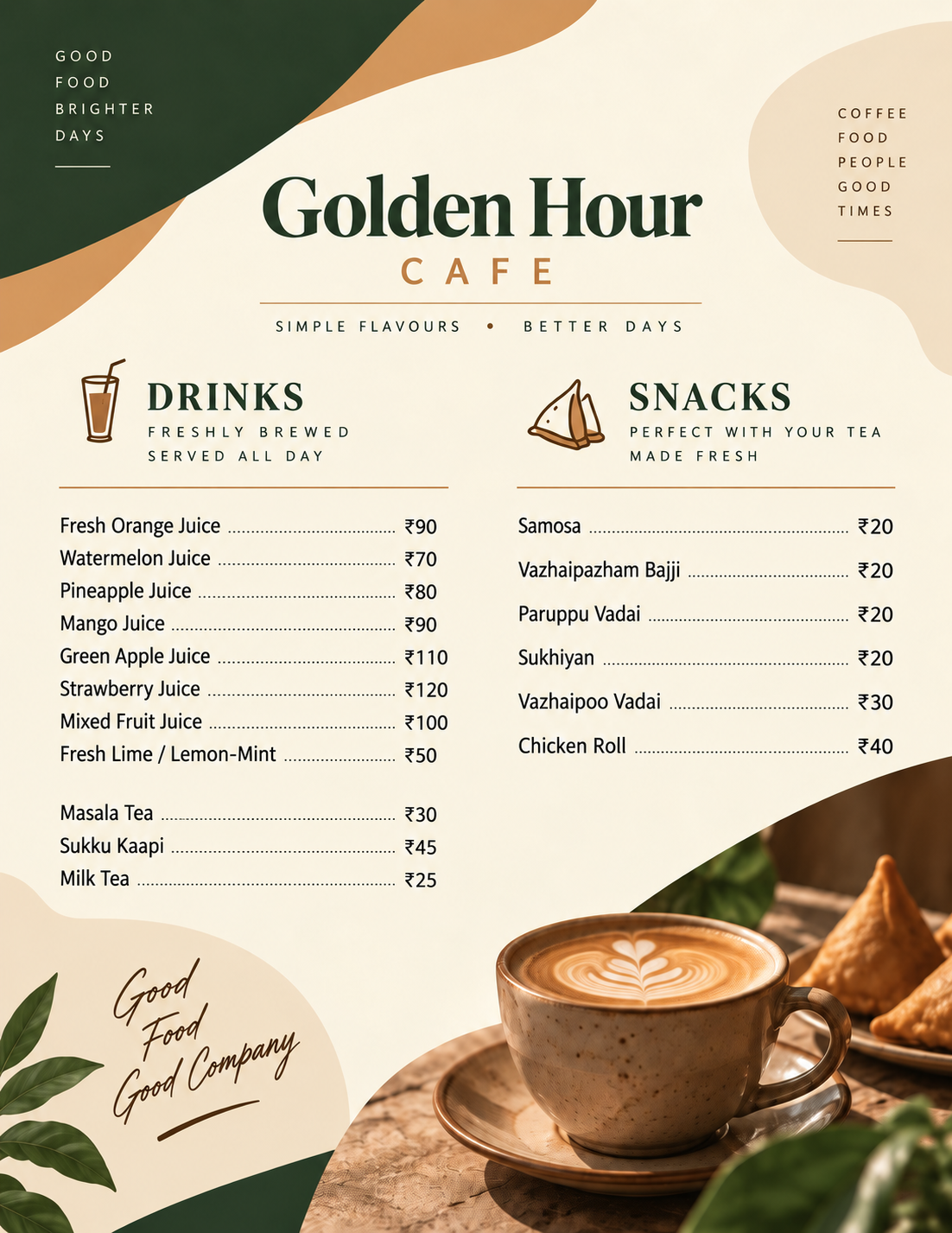 Golden Hour Cafe menu card, drinks and snacks