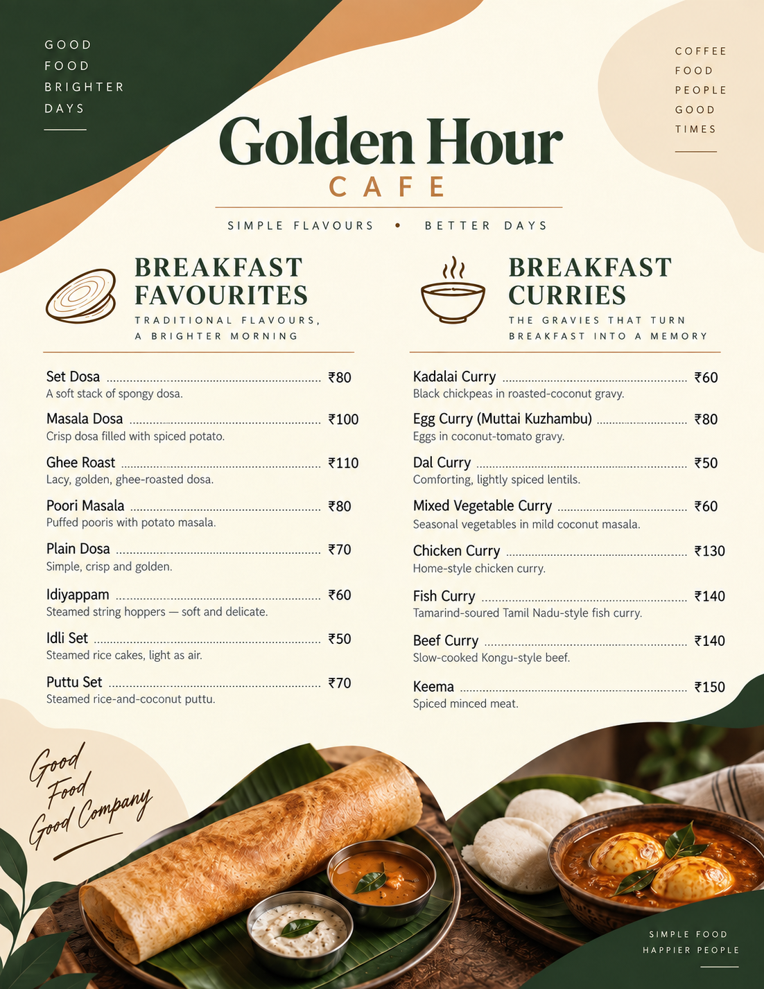 Golden Hour Café menu board — Breakfast and Breakfast Curry sections